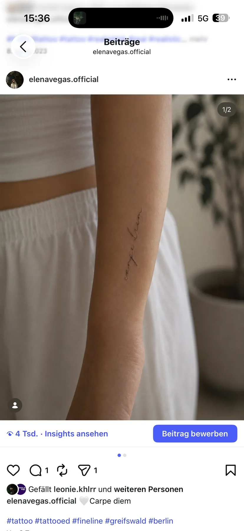 Portfolioaufnahme eines Fineline Tattoos von Elena